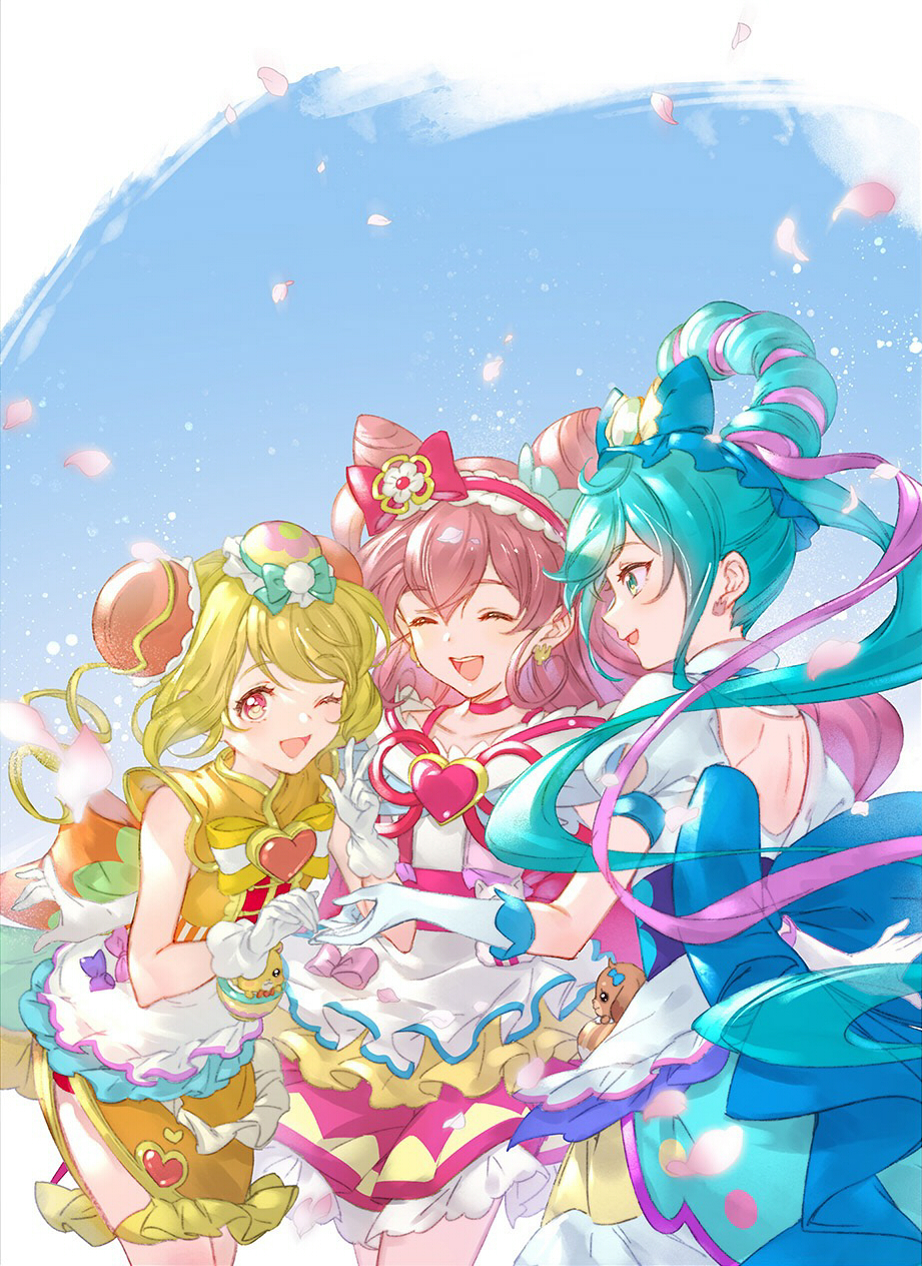 3girls ;d apron back_bow blonde_hair blue_background blue_bow blue_eyes blue_hair bow choker closed_eyes cowboy_shot cure_precious cure_spicy cure_yum-yum delicious_party_precure double_bun drill_hair elbow_gloves frilled_apron frilled_hairband frilled_skirt frills fuwa_kokone gloves green_bow hair_bow hair_cones hair_rings hairband hanamichi_ran hat hat_bow heart_brooch highres hoshi_(xingspresent) kome-kome_(precure) long_hair looking_at_another looking_at_viewer magical_girl mem-mem_(precure) mini_hat multicolored_hair multiple_girls nagomi_yui one_eye_closed open_mouth orange_skirt pam-pam_(precure) petals pink_bow pink_choker pink_hair pink_hairband precure profile puffy_sleeves skirt smile standing striped striped_bow twin_drills two-tone_hair white_gloves