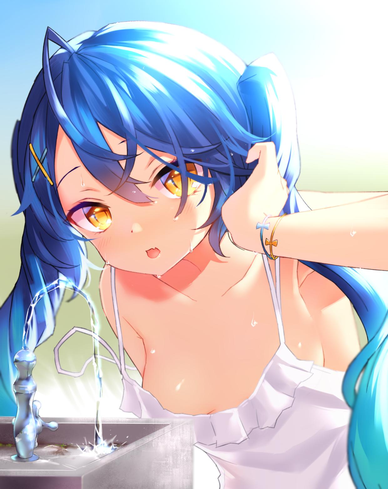 1girl ahoge amamiya_kokoro bangs bell blue_hair blush bracelet breasts commentary day dress drinking drinking_fountain fang hair_bell hair_ornament hand_in_hair highres jewelry jingle_bell leaning_forward looking_at_viewer medium_breasts neit_ni_sei nijisanji open_mouth outdoors sideboob skin_fang sleeveless solo twintails virtual_youtuber water white_dress x_hair_ornament yellow_eyes