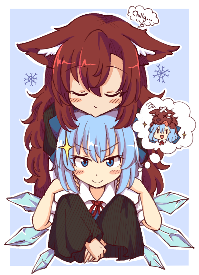 &gt;:) 2girls :d animal_ear_fluff animal_ears bangs blue_background blue_bow blue_eyes blue_hair blush border bow brown_hair cirno closed_eyes commentary disembodied_head eyebrows_visible_through_hair eyelashes hair_between_eyes hair_bow ice ice_wings imaizumi_kagerou long_hair looking_at_viewer multiple_girls mundane_utility open_mouth outline outside_border puffy_short_sleeves puffy_sleeves shirt short_hair short_sleeves simple_background smile snowflakes sparkle thought_bubble tongue tongue_out touhou upper_body v-shaped_eyebrows white_border white_outline white_shirt wings wolf wolf_ears wool_(miwol) x_x yuri |_|