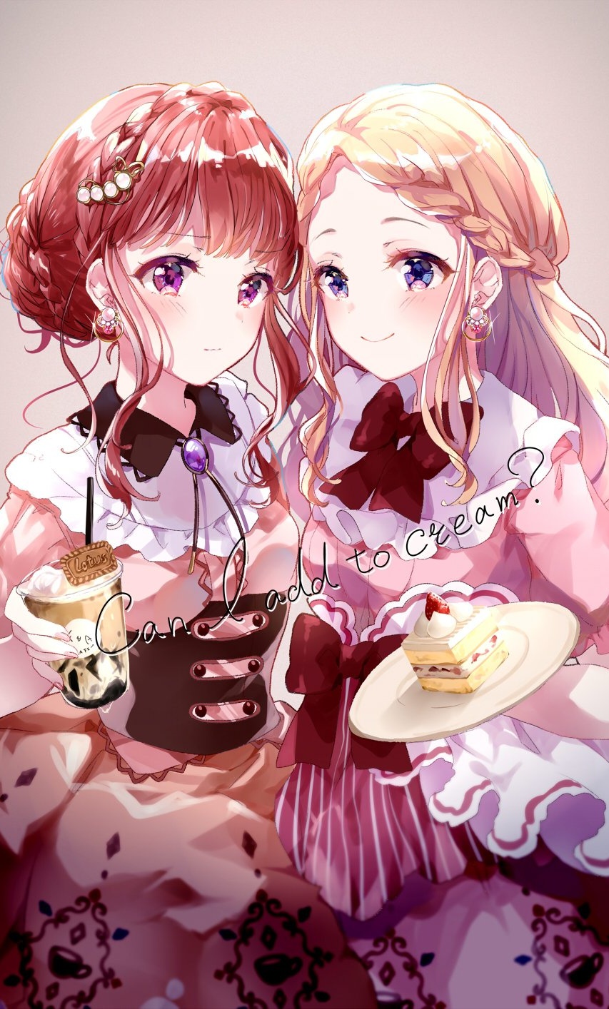 2girls bangs blonde_hair blush bow braid breasts brooch brown_background brown_shirt brown_skirt cake closed_mouth crown_braid cup disposable_cup drinking_straw earrings english_text eyebrows_visible_through_hair food forehead frilled_shirt_collar frills glint hair_bun hair_ornament highres holding holding_cup holding_plate jewelry long_hair multiple_girls original parted_bangs pink_shirt plate puracotte red_bow redhead shirt sidelocks simple_background skirt slice_of_cake small_breasts smile violet_eyes