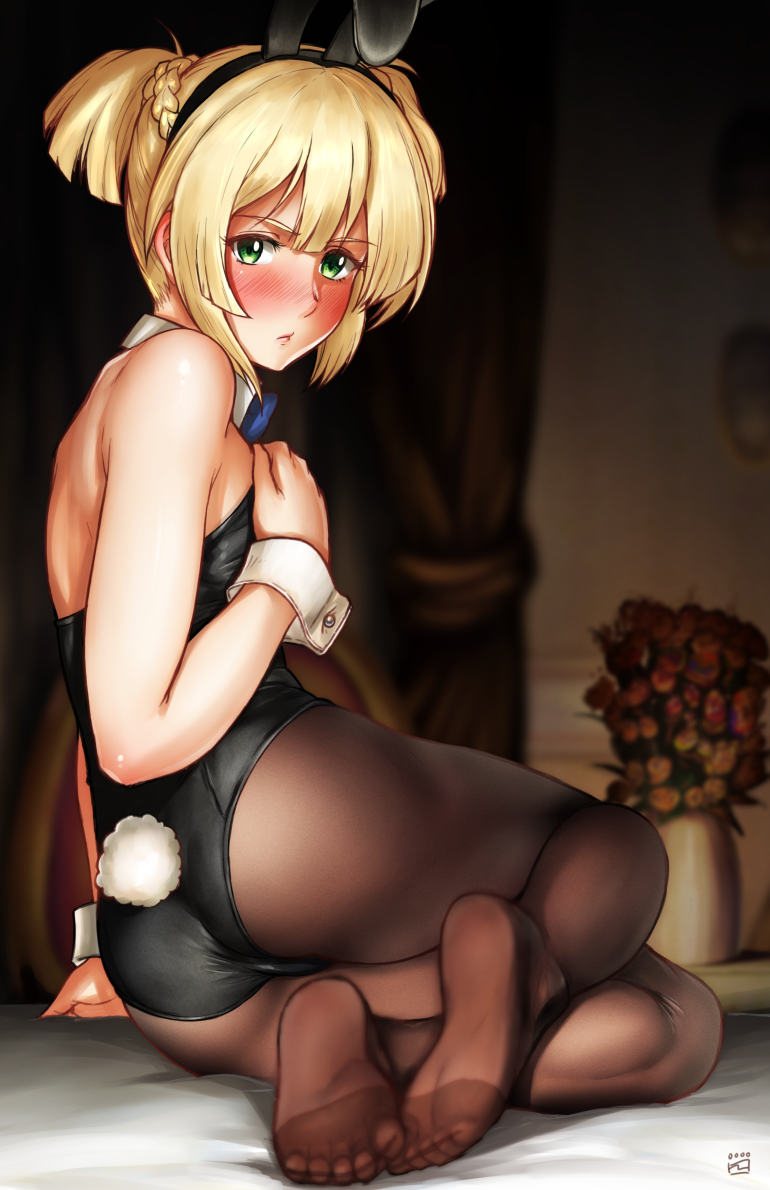 1girl animal_ears ass bangs bare_shoulders black_legwear blush braid bunny_girl bunny_tail bunnysuit commentary_request eyebrows_visible_through_hair fake_animal_ears finalcake flower from_behind girls_frontline looking_at_viewer no_shoes pantyhose rabbit_ears solo tail wrist_cuffs