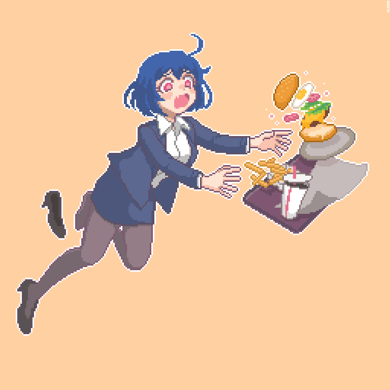 1girl ahoge blue_hair brown_legwear collared_shirt falling food french_fries hamburger hcnone high_heels jacket office_lady open_mouth original pantyhose pencil_skirt pixel_art red_eyes shirt shoes short_hair simple_background single_shoe skirt skye_(hcnone) solo tray tripping yellow_background