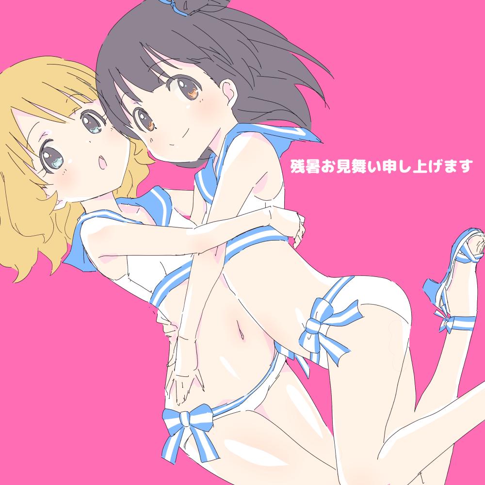 2girls bikini black_hair blonde_hair blue_eyes brown_eyes commentary_request face-to-face hand_on_another's_waist high_heels hug idolmaster idolmaster_million_live! legs_up looking_at_viewer multiple_girls nakatani_iku navel open_mouth pink_background sailor_collar sailor_swimsuit_(idolmaster) sandals short_hair side_ponytail simple_background sketch smile sumitomo suou_momoko swimsuit toes translated white_bikini