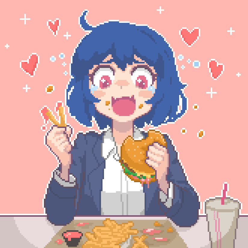 1girl blue_hair blush collared_shirt cup drinking_straw eating food french_fries hamburger hcnone heart holding holding_food looking_away open_mouth original pink_eyes pixel_art shirt short_hair skye_(hcnone) smile solo white_shirt