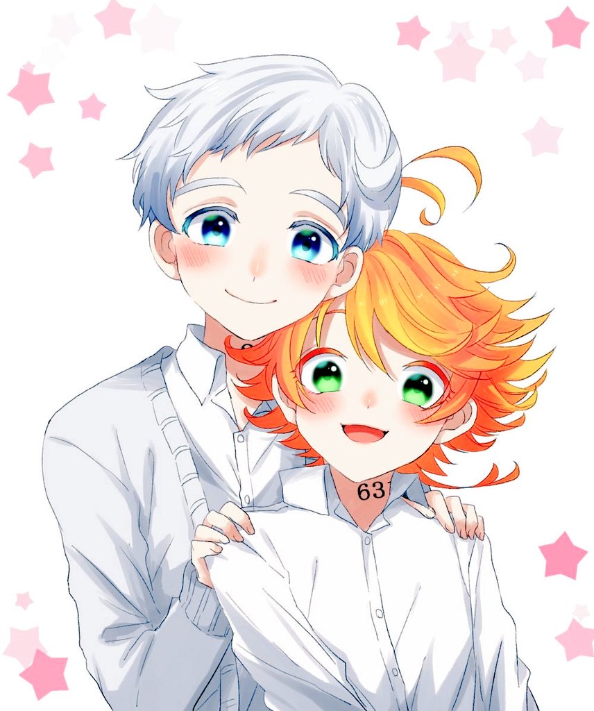 1boy 1girl ahoge blonde_hair blue_eyes cardigan closed_mouth collared_shirt dress_shirt emma_(yakusoku_no_neverland) green_eyes hair_between_eyes hands_on_another's_shoulder kitimoop looking_at_viewer norman_(yakusoku_no_neverland) open_cardigan open_clothes shirt short_hair silver_hair smile star upper_body white_background white_cardigan white_shirt wing_collar yakusoku_no_neverland
