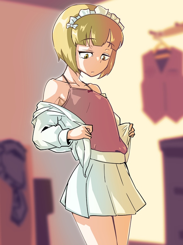 1girl bangs blonde_hair blunt_bangs blurry blurry_background breasts brown_shirt camisole closed_mouth commentary cowboy_shot cutlass_(girls_und_panzer) depth_of_field dress_shirt eyebrows_visible_through_hair girls_und_panzer half-closed_eyes indoors light_frown looking_down maid_headdress miniskirt off_shoulder open_clothes open_shirt pleated_skirt school_uniform shirt short_hair skirt small_breasts solo standing stggc undressing white_shirt white_skirt yellow_eyes