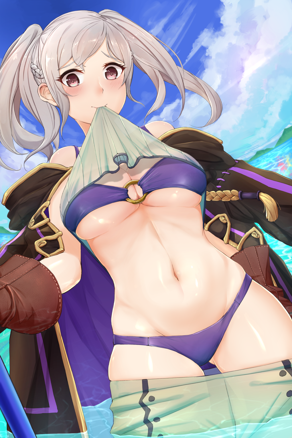 1girl ass_visible_through_thighs bikini bikini_under_clothes blue_sky coat cute female_my_unit_(fire_emblem:_kakusei) fire_emblem fire_emblem:_kakusei fire_emblem_awakening fire_emblem_heroes gloves highres intelligent_systems ippers jacket_on_shoulders looking_at_viewer mouth_hold my_unit_(fire_emblem:_kakusei) navel nintendo o-ring o-ring_bikini pants_down partially_submerged reflet robin_(fire_emblem) robin_(fire_emblem)_(female) shirt_lift sky solo stomach summer swimsuit thigh_gap twintails undressing