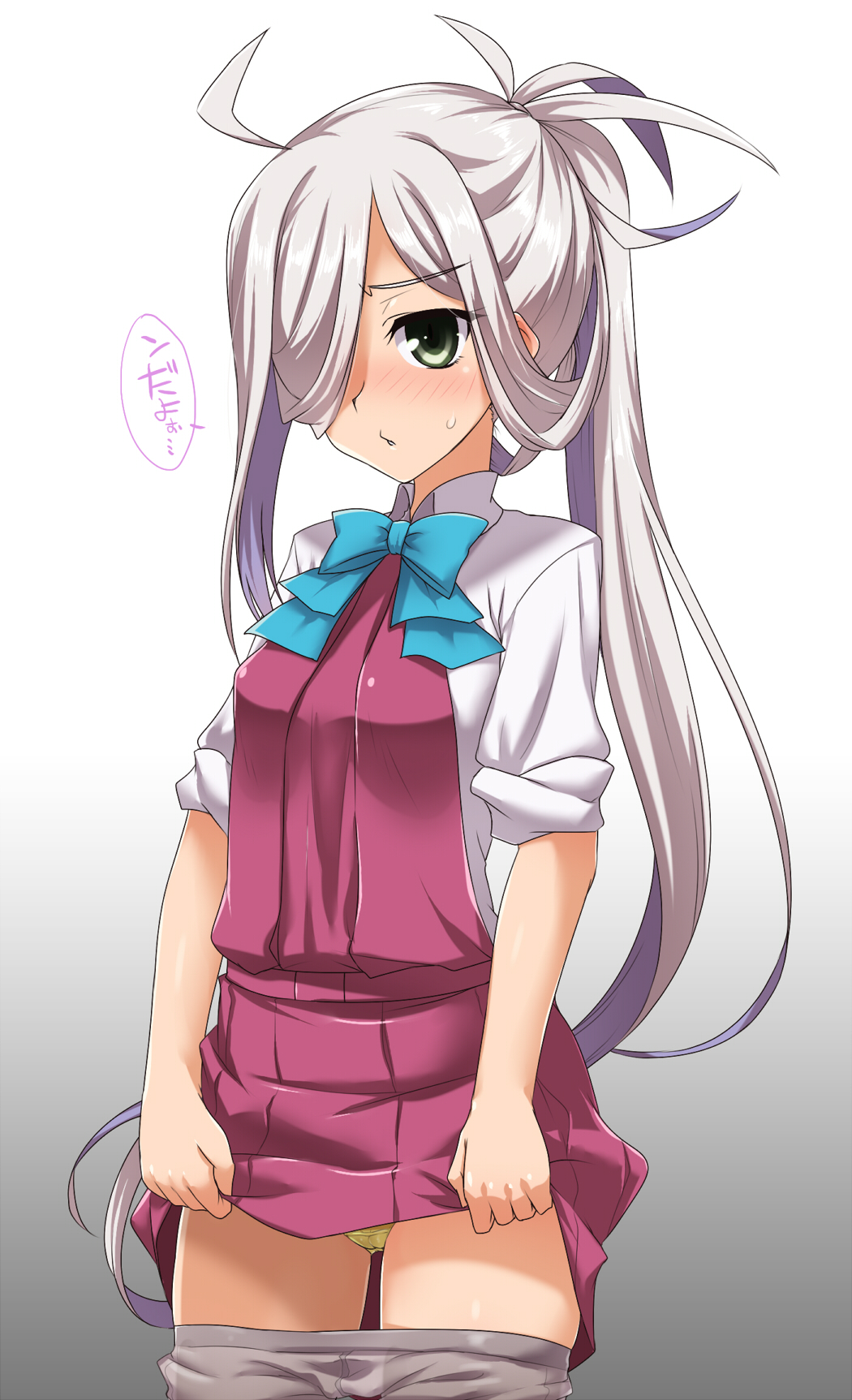 1girl ahoge asashimo_(kantai_collection) bow bowtie commentary_request dress dress_lift gradient gradient_background green_eyes grey_background grey_eyes grey_legwear hair_over_one_eye halterneck highres kantai_collection long_hair pantyhose pantyhose_pull ponytail purple_dress school_uniform shirt silver_hair solo standing translation_request white_background white_shirt yellow_eyes yoshi_tama