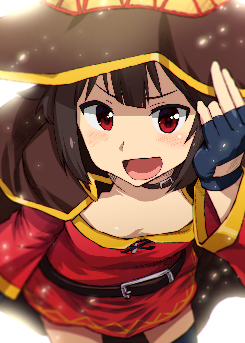 1girl adjusting_clothes adjusting_hat belt black_gloves black_headwear blurry blush breasts brown_hair choker cloak depth_of_field dress fingerless_gloves from_above gloves hat highres kono_subarashii_sekai_ni_shukufuku_wo! light_particles looking_at_viewer looking_up megumin open_mouth red_eyes short_dress short_hair simple_background small_breasts smile solo thighs ueyama_michirou white_background witch_hat