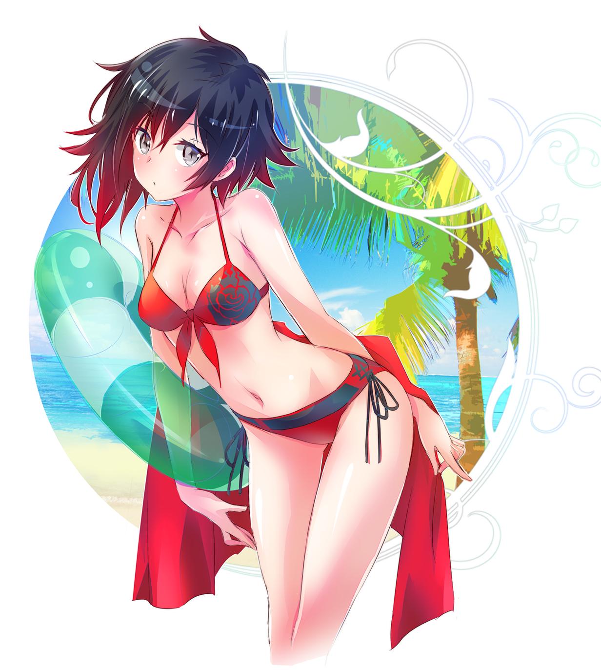 1girl bikini black_hair breasts collarbone floral_print front-tie_bikini front-tie_top gradient_hair grey_eyes highres iesupa innertube midriff multicolored_hair navel red_bikini redhead rose_print ruby_rose rwby short_hair solo swimsuit two-tone_hair