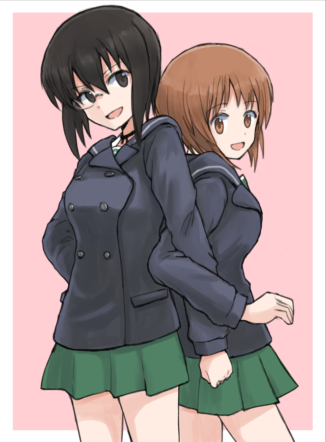 2girls back-to-back bangs black-framed_eyewear black_choker black_eyes black_hair blue_coat brown_eyes brown_hair choker closed_mouth commentary eyebrows_visible_through_hair girls_und_panzer green_skirt hand_on_hip head_tilt kawashima_momo locked_arms long_sleeves looking_at_viewer looking_back miniskirt monocle multiple_girls mutsu_(layergreen) nishizumi_miho ooarai_school_uniform outside_border pink_background pleated_skirt ribbon_choker sailor_collar school_uniform semi-rimless_eyewear serafuku short_hair skirt smile standing under-rim_eyewear