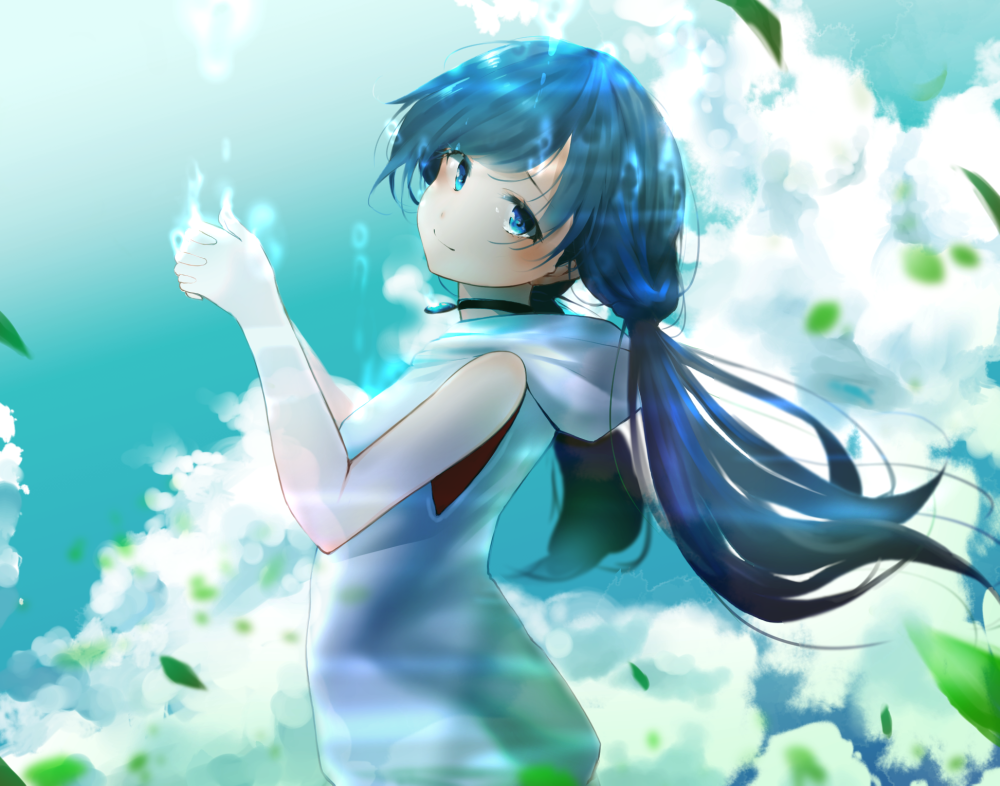 1girl amano_hina_(tenki_no_ko) bangs bare_arms bare_shoulders black_hair black_neckwear blue_eyes blurry blurry_background blush choker closed_mouth clouds cloudy_sky hood hood_down hooded_jacket hoodie interlocked_fingers jacket jewelry leaves_in_wind long_hair looking_at_viewer looking_back low_twintails open_eyes own_hands_together pendant raru_(nanaharararu) sky sleeveless sleeveless_hoodie sleeveless_jacket smile solo spoilers tenki_no_ko twintails water_bubble