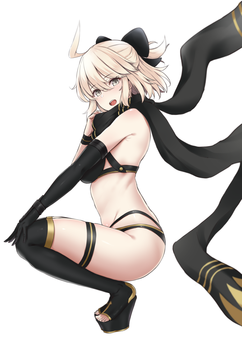 1girl ahoge bare_shoulders bikini black_bikini black_bow black_footwear black_gloves black_scarf blonde_hair boots bow breasts commentary_request elbow_gloves fate/grand_order fate_(series) from_side gloves grey_eyes hair_bow half_updo hand_up highleg highleg_bikini looking_at_viewer looking_to_the_side medium_breasts mitsukazu_(nijigen_complex) okita_souji_(fate)_(all) okita_souji_(swimsuit_assassin)_(fate) open_mouth open_toe_shoes scarf short_hair single_glove solo swimsuit thigh-highs thigh_boots thigh_strap thighs wristband