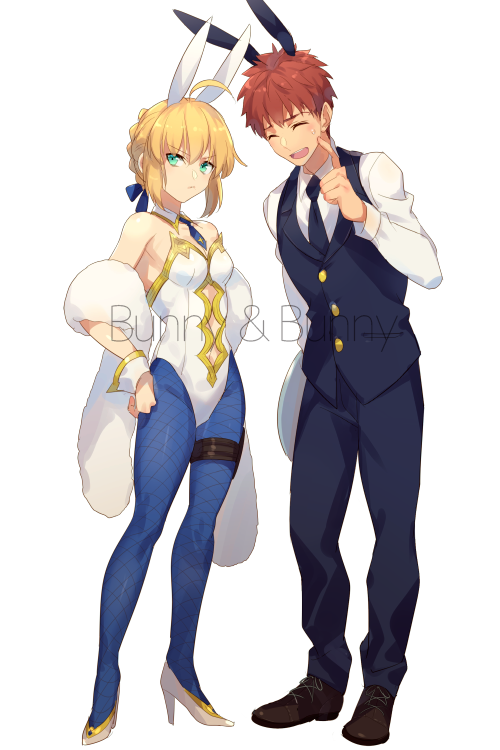 1boy 1girl ahoge animal_ears artoria_pendragon_(all) artoria_pendragon_(swimsuit_ruler)_(fate) artoria_pendragon_(swimsuit_ruler)_(fate)_(cosplay) bare_shoulders black_neckwear blonde_hair blue_neckwear blue_ribbon blush braid breasts bunnysuit buttons cis05 closed_eyes closed_mouth commentary_request cosplay emiya_shirou eyebrows_visible_through_hair fate/grand_order fate/stay_night fate_(series) french_braid green_eyes hair_between_eyes hair_ornament hair_ribbon necktie open_mouth rabbit_ears redhead ribbon saber shirt short_hair simple_background small_breasts smile teeth waiter white_background white_shirt