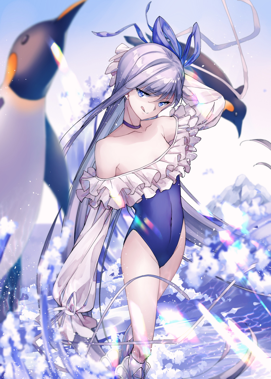 1girl bangs bare_shoulders bird blue_eyes blue_ribbon blue_swimsuit blush breasts choker closed_mouth collarbone fate/grand_order fate_(series) frills hair_between_eyes hair_ribbon highleg highleg_swimsuit highres licking_lips long_hair long_sleeves looking_at_viewer lutecia_syndrome meltryllis meltryllis_(swimsuit_lancer)_(fate) one-piece_swimsuit penguin puffy_sleeves purple_hair ribbon sleeves_past_fingers sleeves_past_wrists small_breasts smile solo standing standing_on_liquid swimsuit thighs tongue tongue_out very_long_hair waves white_ribbon