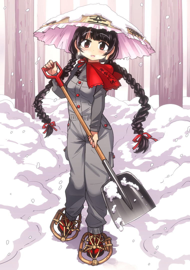 1girl adapted_costume ajirogasa black_footwear black_hair blush braid brown_eyes capelet earlobes eyebrows_visible_through_hair forest grey_overalls grey_sleeves hair_ribbon hat holding_shovel looking_at_viewer nature overalls red_capelet red_legwear red_neckwear ribbon sandals shimizu_pem short_hair_with_long_locks shovel shoveling snow snowshoes solo touhou tree twin_braids winter yatadera_narumi