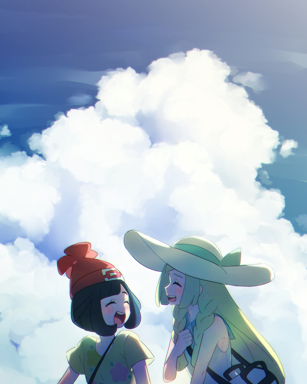 2girls bag bangs bare_shoulders beanie black_hair blonde_hair blue_sky blush braid clouds day dress duffel_bag flat_chest floral_print hand_up happy hat highres lillie_(pokemon) long_hair mizuki_(pokemon) multiple_girls open_mouth outdoors poke_ball_symbol poke_ball_theme pokemon pokemon_(game) pokemon_sm red_headwear shirt short_hair short_sleeves sky sleeveless sleeveless_dress smile sun_hat sunlight teeth tied_hair twin_braids unapoppo upper_body white_headwear yellow_shirt