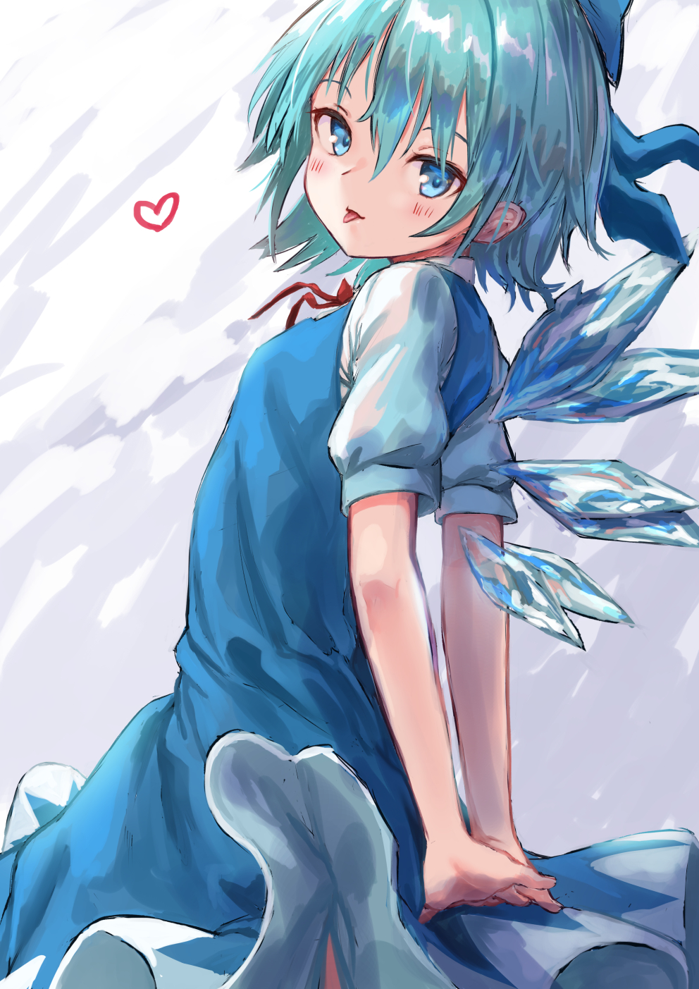 1girl :p arms_behind_back bangs blue_bow blue_dress blue_eyes blue_hair blush bow cirno commentary cowboy_shot dress grey_background hair_between_eyes hair_bow heart highres ice ice_wings looking_at_viewer neck_ribbon pinafore_dress red_neckwear red_ribbon ribbon roke_(taikodon) shirt short_hair smile solo standing tongue tongue_out touhou white_shirt wings