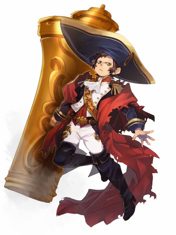 1boy alternate_design blue_eyes boots brown_hair cape em_crazy epaulettes facial_hair fate/grand_order fate_(series) holding holding_weapon huge_weapon large_hat long_sleeves looking_at_viewer military military_uniform napoleon_bonaparte_(fate/grand_order) pants shota simple_background solo uniform weapon