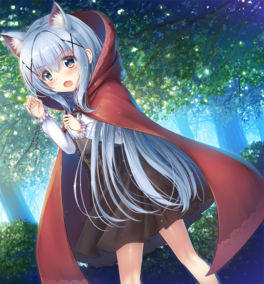 1girl bangs blush claw_pose cloak day dutch_angle eyebrows_visible_through_hair fang forest gochuumon_wa_usagi_desu_ka? green_eyes hair_ornament hood hood_down hooded_cloak kafuu_chino light_blue_hair looking_at_viewer nature open_mouth outdoors psyche3313 solo tree x_hair_ornament