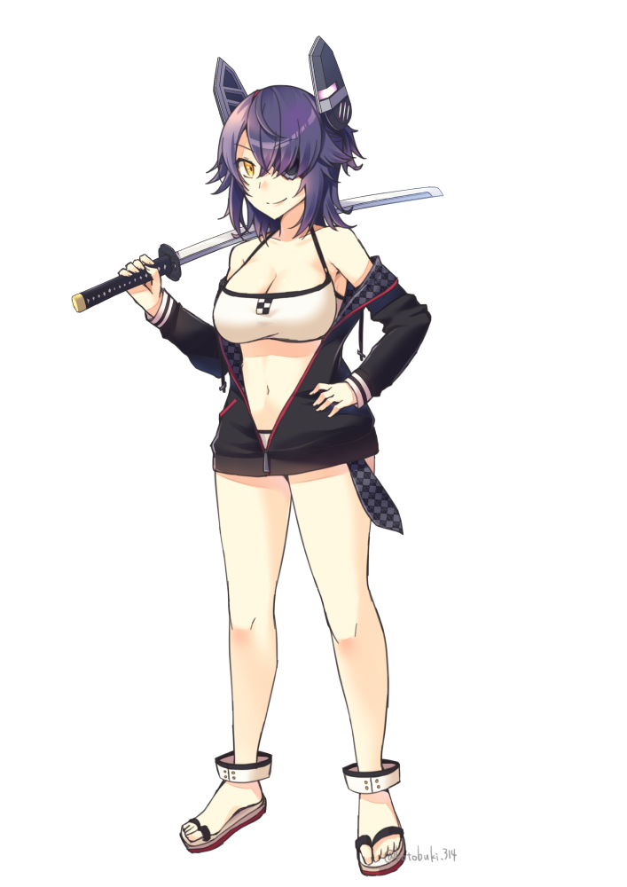 1girl alternate_costume bikini black_jacket breasts eyepatch full_body hand_on_hip headgear holding holding_sword holding_weapon jacket kantai_collection katana kotobuki_(momoko_factory) large_breasts long_sleeves navel open_clothes open_jacket purple_hair sandals short_hair simple_background solo standing swimsuit sword tenryuu_(kantai_collection) weapon white_background white_bikini yellow_eyes