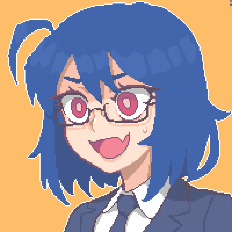 1girl black_neckwear blue_hair collared_shirt eyebrows fang glasses hcnone looking_away necktie office_lady open_mouth orange_background original pink_eyes pixel_art shirt short_hair simple_background skye_(hcnone) smile solo upper_body white_shirt