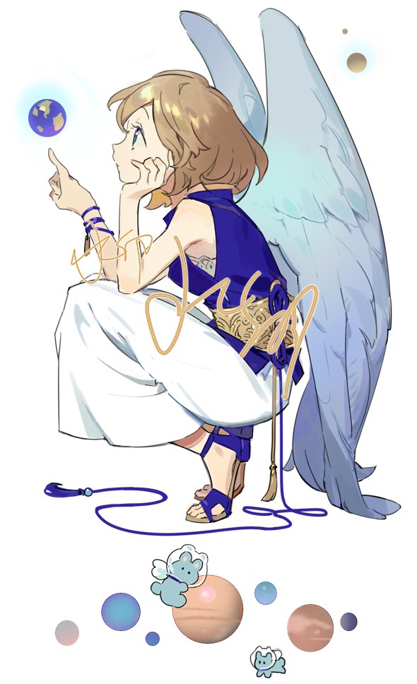 1girl angel blonde_hair blouse commentary earth green_eyes iovebly original planet purple_blouse purple_footwear short_hair skirt solo squatting white_skirt wings