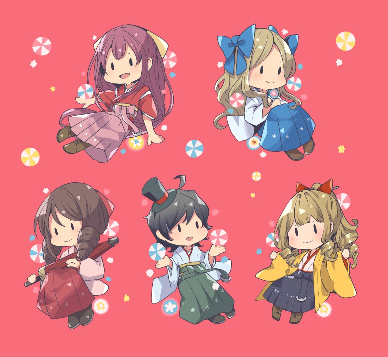 5girls :d ahoge asakaze_(kantai_collection) bangs black_hair blonde_hair boots bow brown_footwear brown_hair chibi cross-laced_footwear drill_hair hair_bow hair_ornament hair_ribbon hakama harukaze_(kantai_collection) harunohotaru hat hatakaze_(kantai_collection) holding holding_umbrella japanese_clothes kamikaze_(kantai_collection) kantai_collection lace-up_boots long_hair matsukaze_(kantai_collection) meiji_schoolgirl_uniform mini_hat mini_top_hat multiple_girls open_mouth oriental_umbrella parted_bangs pink_background pink_hakama ponytail purple_hair red_bow red_ribbon ribbon short_hair smile top_hat twin_drills umbrella wavy_hair yellow_ribbon |_|