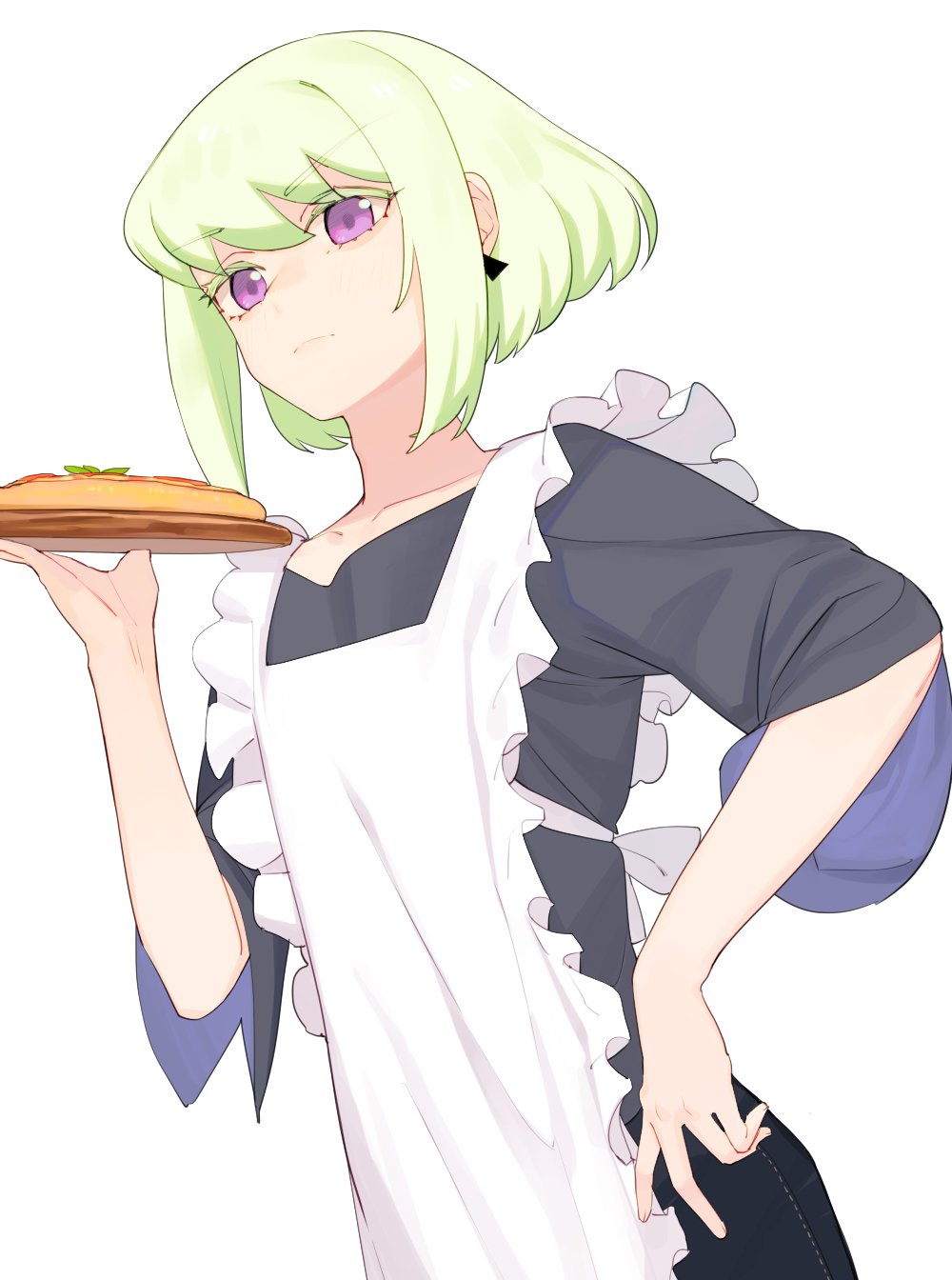 1boy androgynous apron closed_eyes earrings food frilled_apron frills green_hair hand_on_hip highres holding holding_plate jewelry juz lio_fotia long_sleeves looking_at_viewer male_focus pizza plate promare short_hair solo violet_eyes