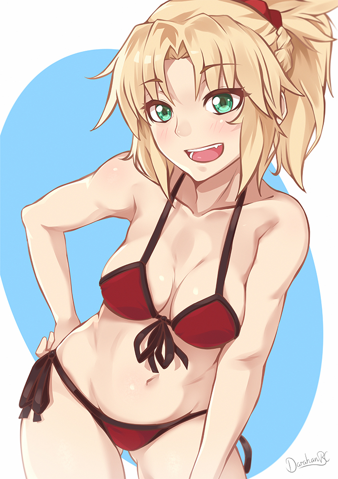 1girl :d ass_visible_through_thighs bikini blonde_hair blush breasts commentary darahan fang fate/grand_order fate_(series) front-tie_bikini front-tie_top green_eyes hair_ornament hair_scrunchie hand_on_hip leaning_forward looking_at_viewer medium_breasts medium_hair messy_hair mordred_(fate)_(all) mordred_(swimsuit_rider)_(fate) navel open_mouth ponytail red_bikini red_scrunchie scrunchie side-tie_bikini signature smile solo swimsuit