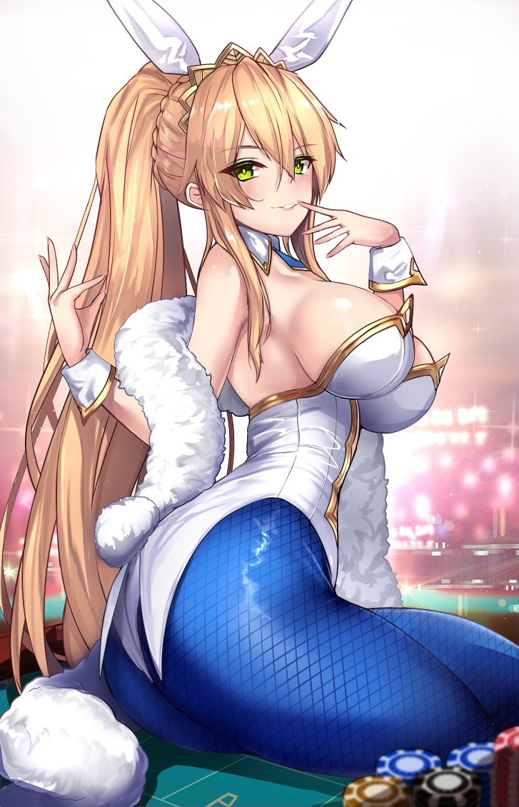 1girl animal_ears artoria_pendragon_(all) artoria_pendragon_(swimsuit_ruler)_(fate) ass bangs blonde_hair blue_legwear blush braid breasts bunnysuit detached_collar fate/grand_order fate_(series) feather_boa fishnet_pantyhose fishnets french_braid green_eyes hair_between_eyes large_breasts leotard long_hair looking_at_viewer pantyhose parted_lips poker_chip poker_table ponytail rabbit_ears sidelocks sitting smile solo thighs tiara untsue white_leotard wrist_cuffs