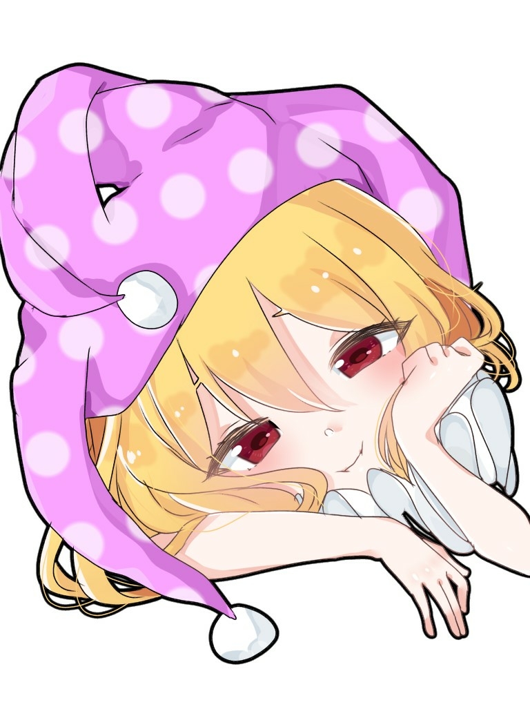 1girl :i bangs blonde_hair blush clownpiece commentary_request eringi_(rmrafrn) hair_between_eyes hand_up hat head_tilt jester_cap looking_at_viewer neck_ruff pink_headwear polka_dot polka_dot_hat red_eyes short_hair simple_background smile solo touhou white_background