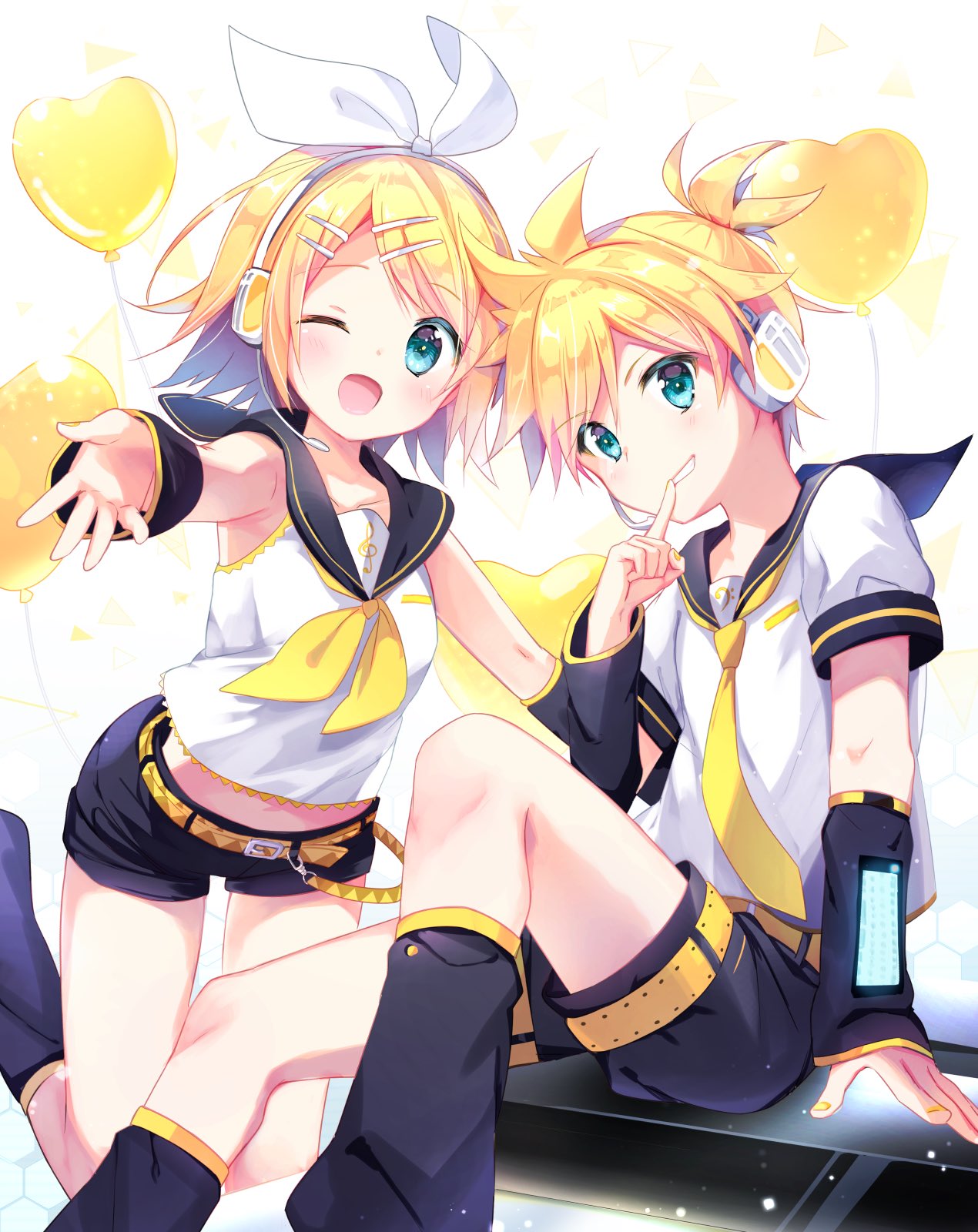 1boy 1girl aqua_eyes balloon belt black_shorts blonde_hair blush brother_and_sister collarbone commentary detached_sleeves feet_out_of_frame finger_to_mouth glowing grin hair_ornament hair_ribbon hairclip headphones headset heart_balloon highres index_finger_raised kagamine_len kagamine_rin leg_warmers looking_at_viewer nail_polish necktie one_eye_closed outstretched_hand ribbon sailor_collar short_hair shorts siblings sitting smile treble_clef twins vocaloid white_ribbon yellow_belt yellow_nails yellow_neckwear yomogi_komegura