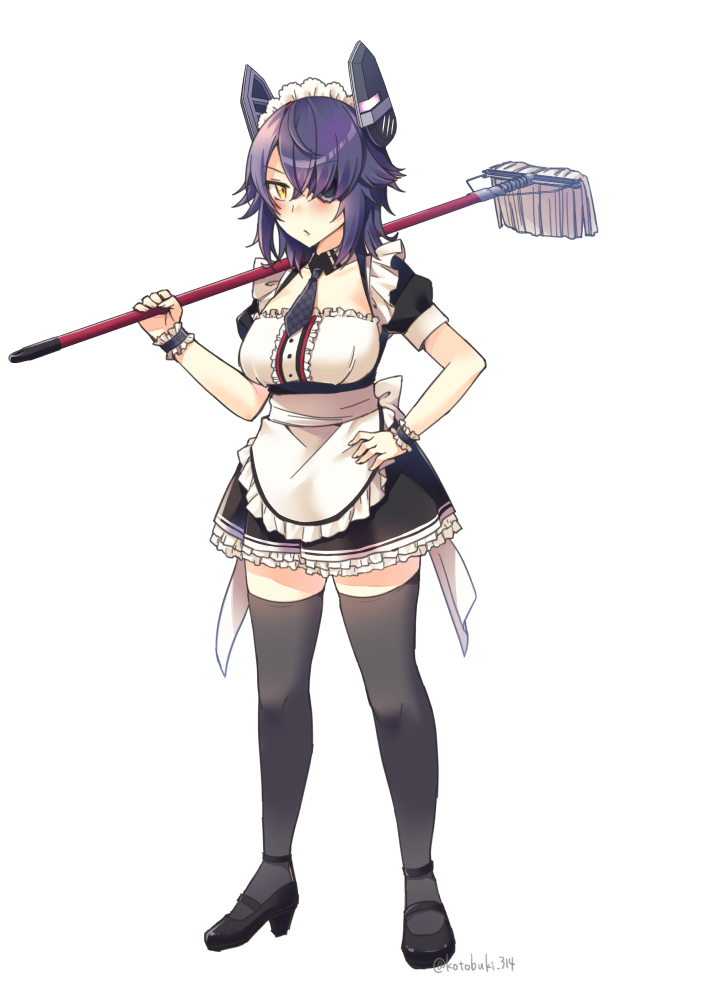 1girl alternate_costume apron black_dress black_footwear black_legwear breasts dress enmaided eyepatch frilled_apron frills full_body hand_on_hip headgear high_heels holding_mop kantai_collection kotobuki_(momoko_factory) large_breasts maid maid_apron maid_headdress puffy_short_sleeves puffy_sleeves purple_hair short_hair short_sleeves simple_background solo standing tenryuu_(kantai_collection) thigh-highs waist_apron white_apron white_background wrist_cuffs yellow_eyes