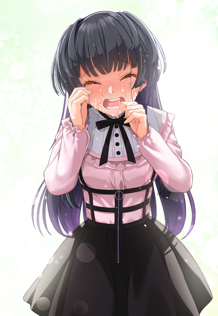 1girl black_hair black_ribbon black_skirt blush closed_eyes crying frills highres idolmaster idolmaster_shiny_colors kazu long_sleeves mayuzumi_fuyuko open_mouth ribbon round_teeth skirt sobbing tears teeth two_side_up