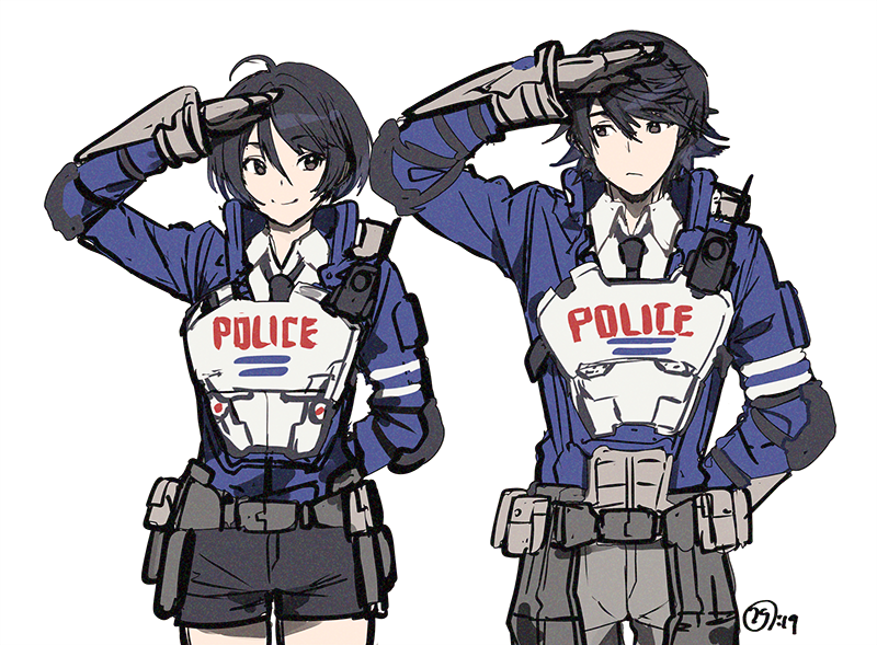 1boy 1girl akira_howard artist_request astral_chain blush brother_and_sister brown_eyes brown_hair chain gloves hair_ornament jacket long_sleeves police police_uniform short_hair siblings simple_background smile twins uniform white_background