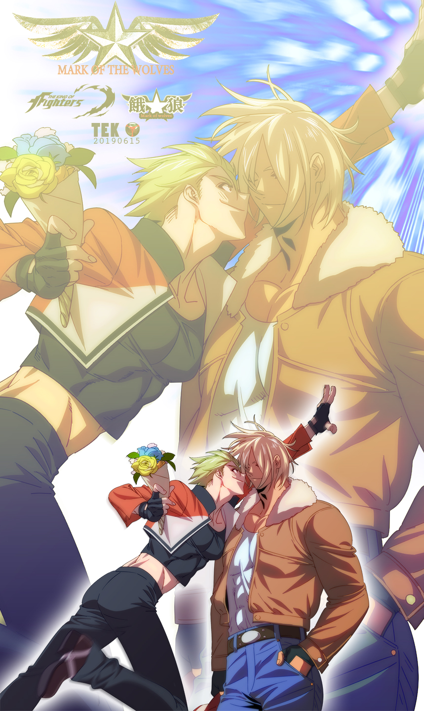 2boys blonde_hair blue_eyes bomber_jacket denim fatal_fury fingerless_gloves flower gloves hair_down hand_in_pocket highres jacket jeans mark_of_the_wolves midriff motion_blur multiple_boys pants red_jacket rock_howard teku_(user_dkza5588) terry_bogard