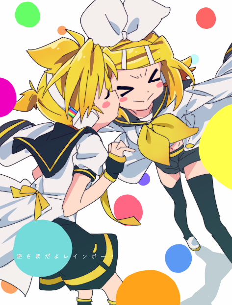 &gt;_&lt; 1boy 1girl bangs black_collar black_legwear black_shorts blonde_hair blush_stickers bow cheek_kiss closed_eyes collar collared_shirt commentary fingerless_gloves gloves hair_bow hair_ornament hairclip hands_up headphones iihoneikotu kagamine_len kagamine_rin kiss midriff neckerchief necktie rainbow sailor_collar school_uniform shirt short_ponytail short_sleeves shorts siblings smile socks spiky_hair swept_bangs thigh-highs translated twins vocaloid white_bow white_shirt yellow_neckwear