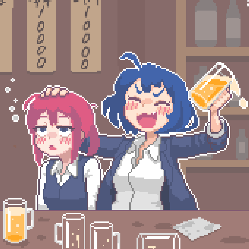 2girls alcohol beer blue_eyes blue_hair breasts closed_eyes collared_shirt cup drinking_glass facing_viewer hcnone holding holding_cup indoors long_sleeves looking_away medium_breasts multiple_girls original parted_lips pink_hair pixel_art shirt short_hair skye_(hcnone) white_shirt