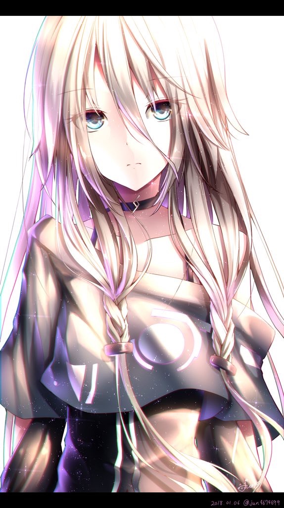 1girl 2018 blue_eyes braid choker closed_mouth collarbone dated eyebrows_visible_through_hair floating_hair hair_between_eyes hair_ornament ia_(vocaloid) long_hair looking_at_viewer off_shoulder silver_hair simple_background solo standing twitter_username upper_body very_long_hair vocaloid white_background