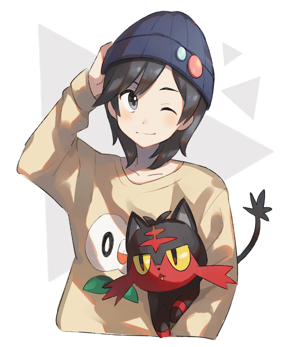 1boy alternate_costume arm_up bangs beanie black_eyes black_hair blue_headwear blush closed_mouth collarbone cropped_torso gen_7_pokemon happy hat highres holding holding_pokemon litten long_sleeves looking_to_the_side male_focus one_eye_closed open_mouth pokemon pokemon_(creature) pokemon_(game) pokemon_sm red_eyes rowlet shiny shiny_hair short_hair simple_background smile sweater swept_bangs two-tone_background unapoppo upper_body white_background yellow_sclera yellow_sweater you_(pokemon)