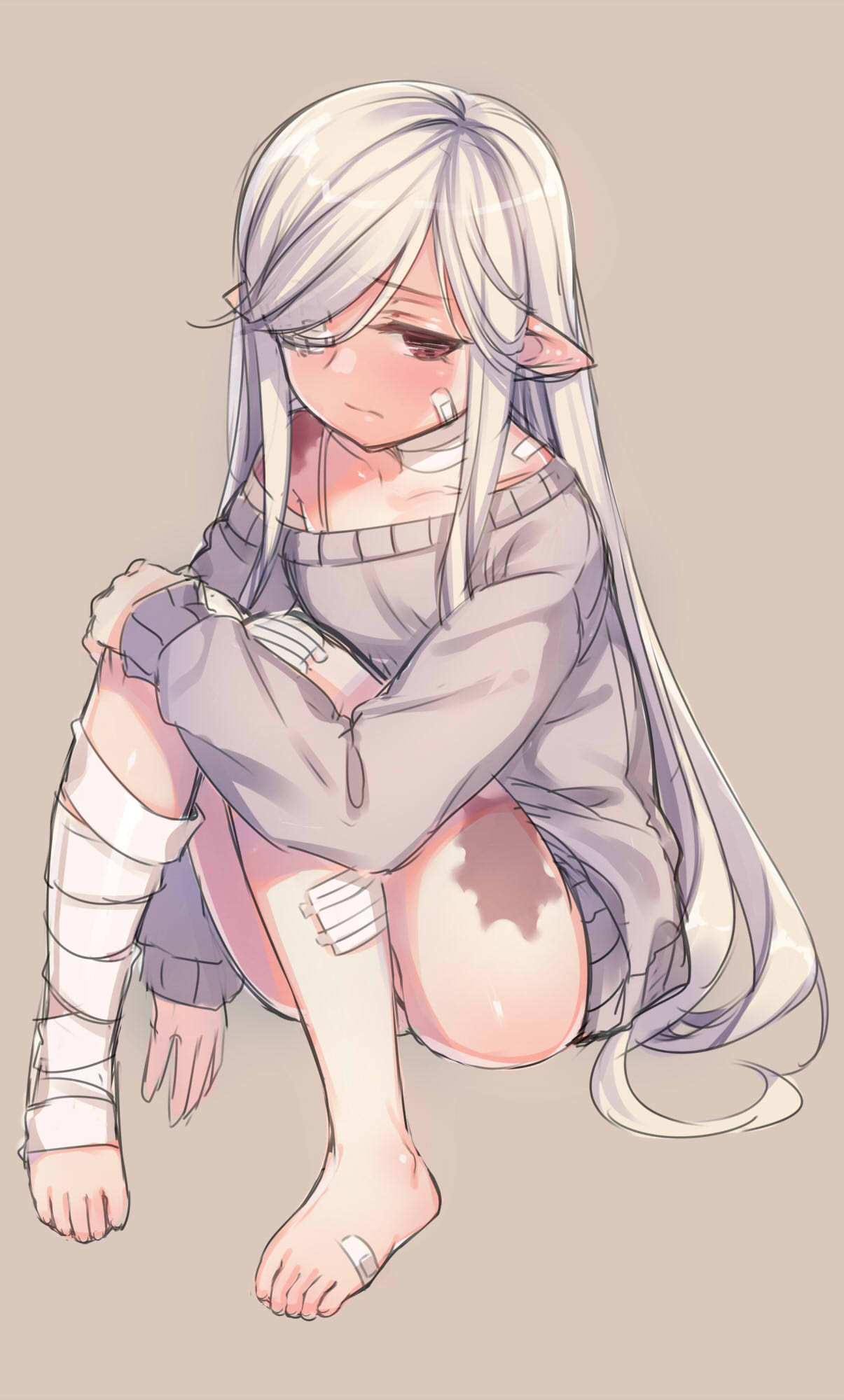1girl bandaged_leg bandages bandaid_on_cheek bandaid_on_foot bangs bare_shoulders barefoot blush brown_background closed_mouth collarbone commentary_request copyright_request elf eyebrows_visible_through_hair grey_sweater hair_over_one_eye highres knee_up knees_together_feet_apart kuro_(kuronell) long_hair long_sleeves off_shoulder one_eye_covered pigeon-toed pointy_ears red_eyes silver_hair simple_background sitting sleeves_past_wrists solo sprain sweater toenails very_long_hair