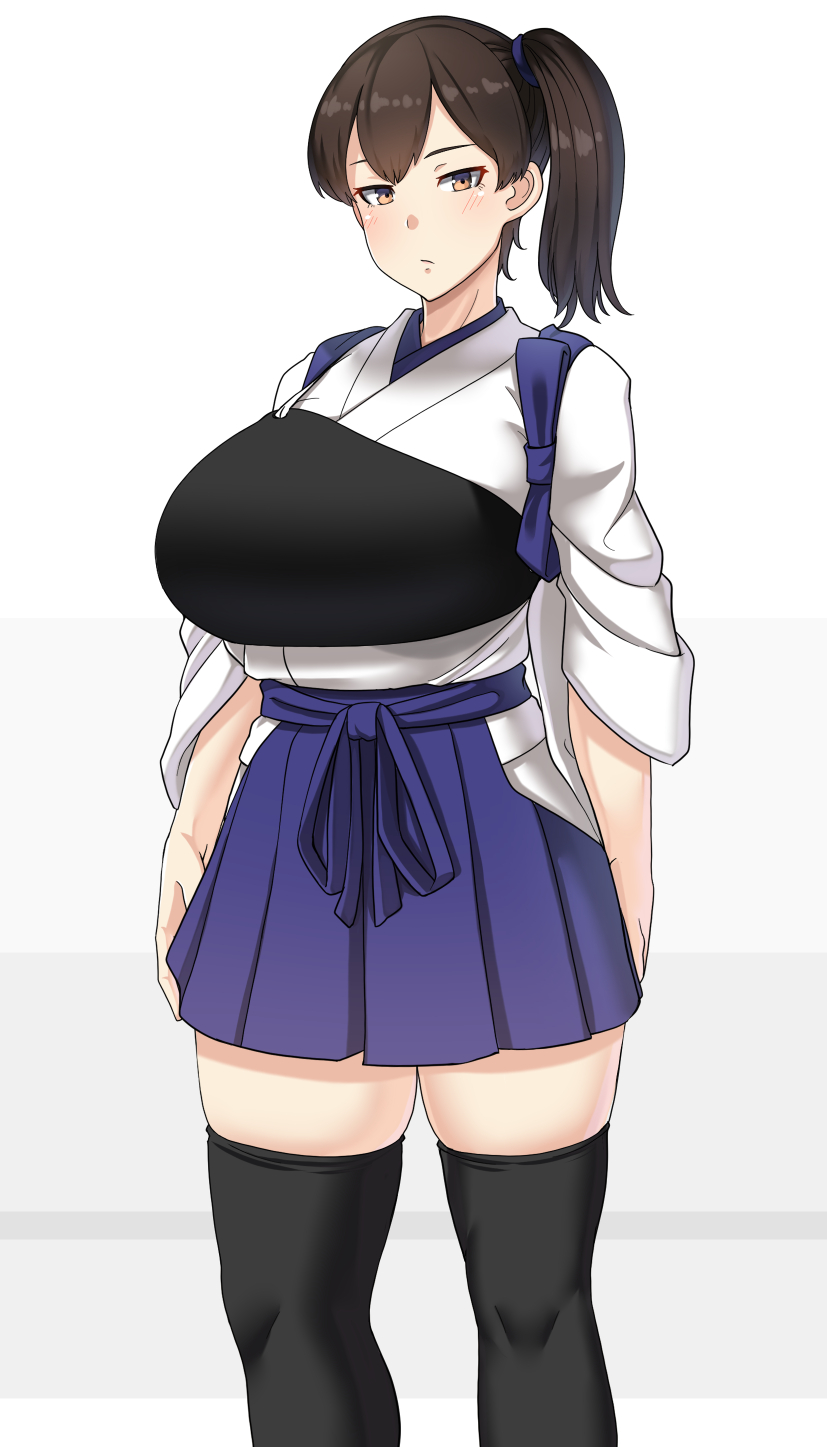 1girl black_hair black_legwear blue_hakama breasts brown_eyes commentary_request contrapposto feet_out_of_frame hakama hakama_skirt highres huge_breasts japanese_clothes kaga_(kantai_collection) kantai_collection long_hair looking_at_viewer muneate ryuun_(stiil) side_ponytail simple_background solo standing tasuki thigh-highs tsurime white_background