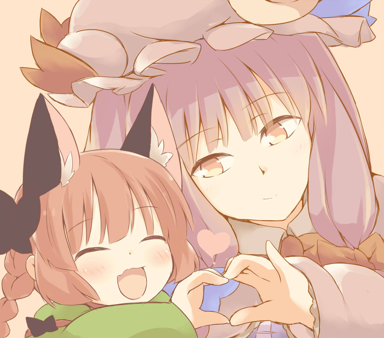 2girls animal_ears blush bow braid brown_background brown_eyes cat_ears closed_eyes commentary commentary_request eyebrows eyebrows_visible_through_hair hair_bow hat hazuki_ruu heart heart_hands heart_hands_duo kaenbyou_rin long_hair mob_cap multiple_girls patchouli_knowledge purple_hair redhead simple_background smile touhou