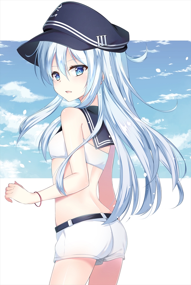 1girl alternate_costume ass belt black_belt black_serafuku blue_sky blush clouds eyebrows_visible_through_hair flat_cap hair_between_eyes hat hibiki_(kantai_collection) hikobae kantai_collection long_hair looking_at_viewer open_mouth school_uniform serafuku short_shorts shorts silver_hair sky solo thighs