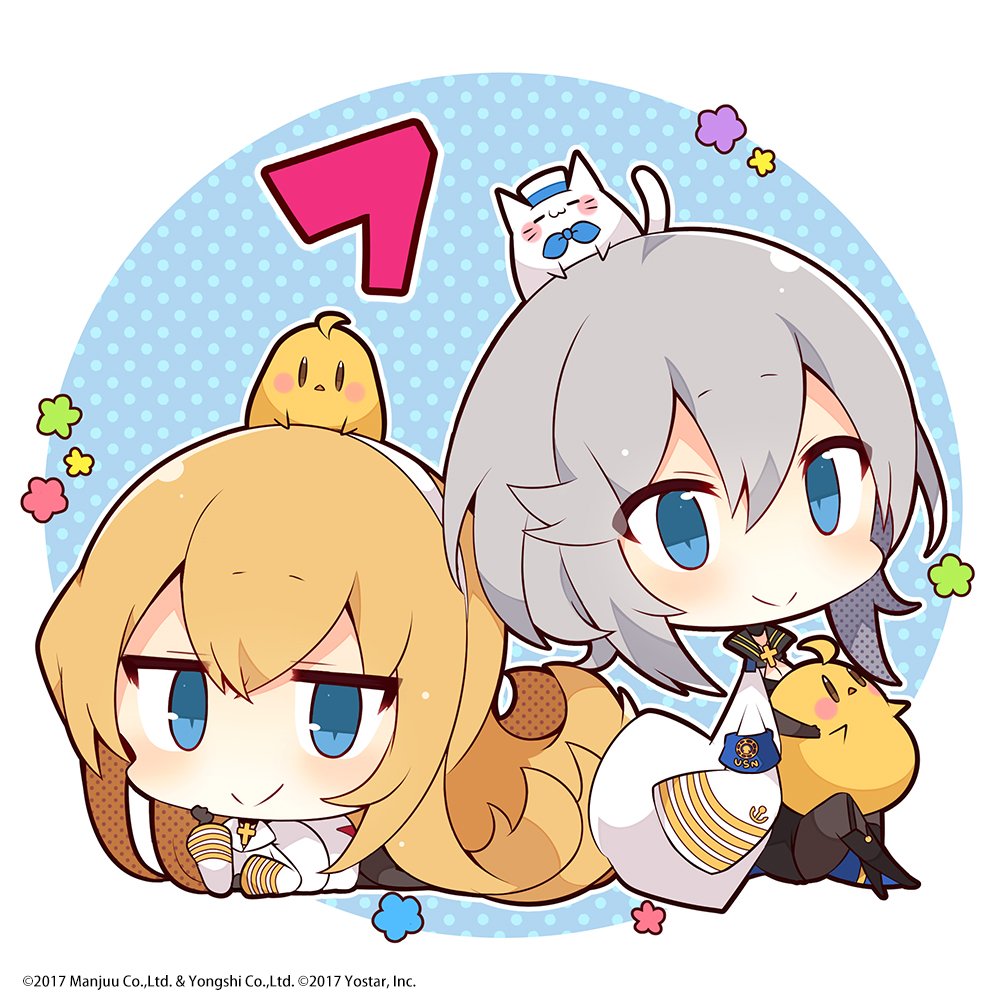 2girls azur_lane blonde_hair blue_eyes chibi commentary_request cross grey_hair hairband jacket_on_shoulders long_hair manjuu_(azur_lane) meowfficer_(azur_lane) multiple_girls muuran north_carolina_(azur_lane) official_art short_hair smile washington_(azur_lane) white_hairband