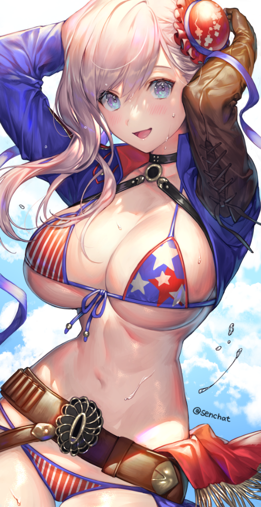 1girl american_flag_bikini arms_behind_head arms_up asymmetrical_hair bangs belt bikini blue_ribbon blush breasts brown_gloves bun_cover choker fate/grand_order fate_(series) flag_print gloves hair_bun hair_ribbon halterneck large_breasts long_hair looking_at_viewer miyamoto_musashi_(fate/grand_order) miyamoto_musashi_(swimsuit_berserker)_(fate) navel open_mouth ribbon senchat smile solo swept_bangs swimsuit wet