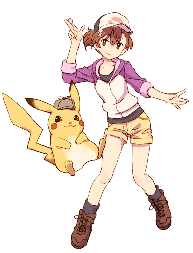 1girl alternate_costume bangs baseball_cap black_legwear black_shirt boots brown_eyes brown_footwear brown_hair brown_headwear coin collarbone cross-laced_footwear crossover deerstalker detective_pikachu detective_pikachu_(character) eyebrows_visible_through_hair flower full_body gen_1_pokemon hair_between_eyes hair_flower hair_ornament hand_up hat jacket lace-up_boots long_sleeves looking_at_viewer misaka_mikoto pikachu pokemon pokemon_(creature) power_connection raika9 shirt short_hair short_shorts shorts simple_background socks to_aru_kagaku_no_railgun to_aru_majutsu_no_index white_background white_flower white_jacket yellow_shorts