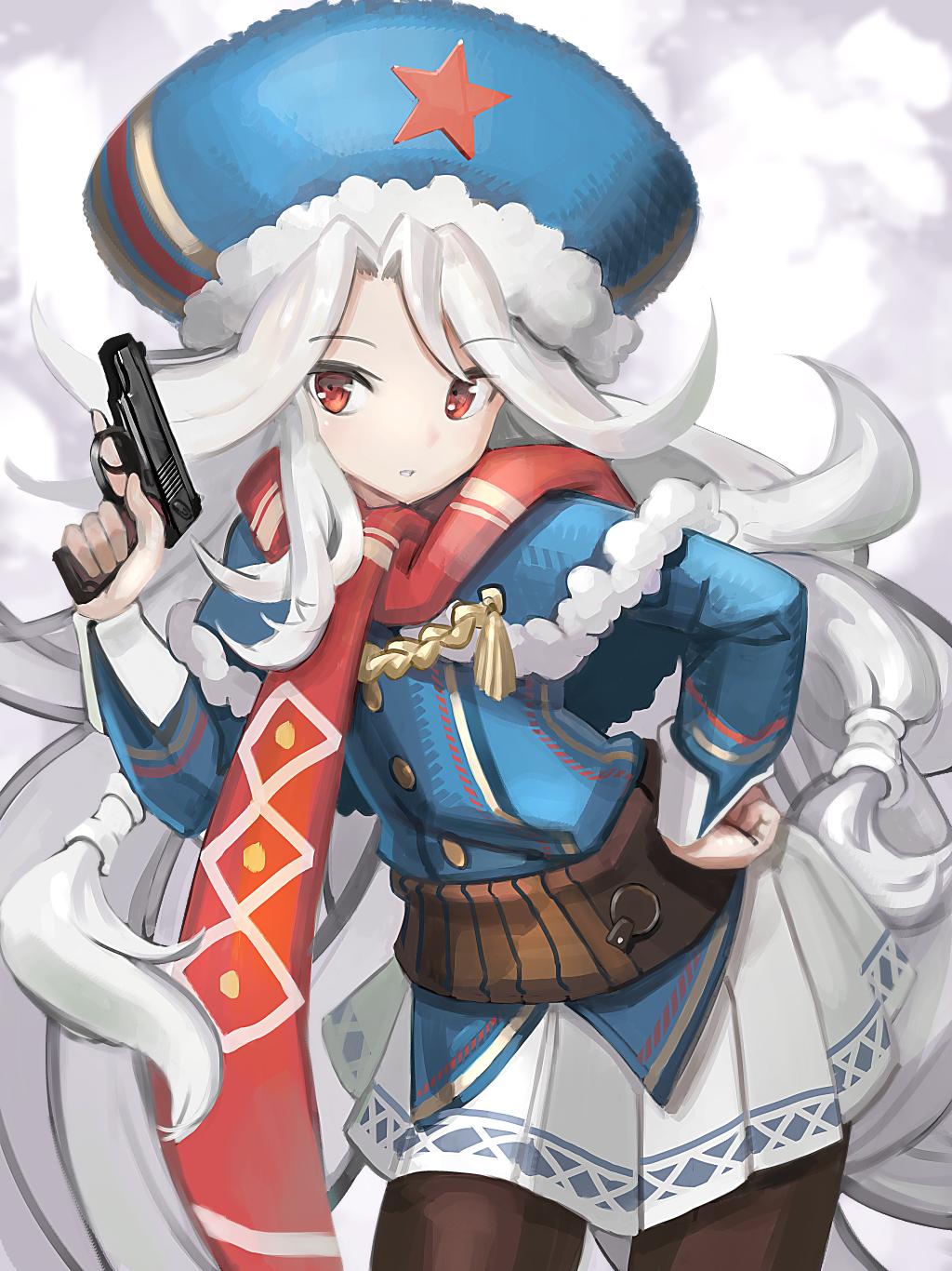 1girl buttons capelet eyebrows_visible_through_hair fur_hat fur_trim girls_frontline gun hand_on_hip handgun hat highres holding holding_gun holding_weapon kesomaru long_hair long_sleeves low-tied_long_hair makarov_(girls_frontline) makarov_pm pantyhose pleated_skirt red_eyes red_scarf scarf skirt solo star uniform weapon white_hair white_skirt