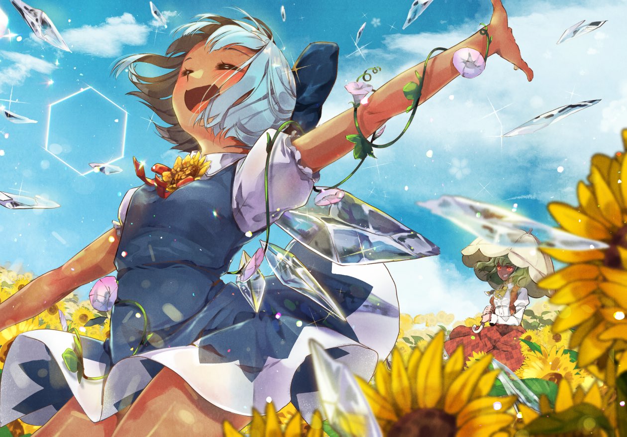 2girls :d ^_^ arm_up ascot blue_bow blue_dress blue_hair blue_sky blush bow breasts cirno closed_eyes clouds commentary cowboy_shot day dress english_commentary field flower flower_field glowing glowing_eyes green_hair grin hair_bow holding holding_umbrella ice ice_wings juliet_sleeves kazami_yuuka long_sleeves multiple_girls nachoz_(natsukichann) neck_ribbon open_mouth outdoors outstretched_arm pinafore_dress plaid plaid_skirt plaid_vest plant puffy_short_sleeves puffy_sleeves purple_flower red_eyes red_ribbon red_skirt red_vest ribbon short_dress short_sleeves skirt skirt_set sky small_breasts smile sparkle standing sunflower tan tanned_cirno thighs touhou umbrella vest vines white_umbrella wings yellow_neckwear